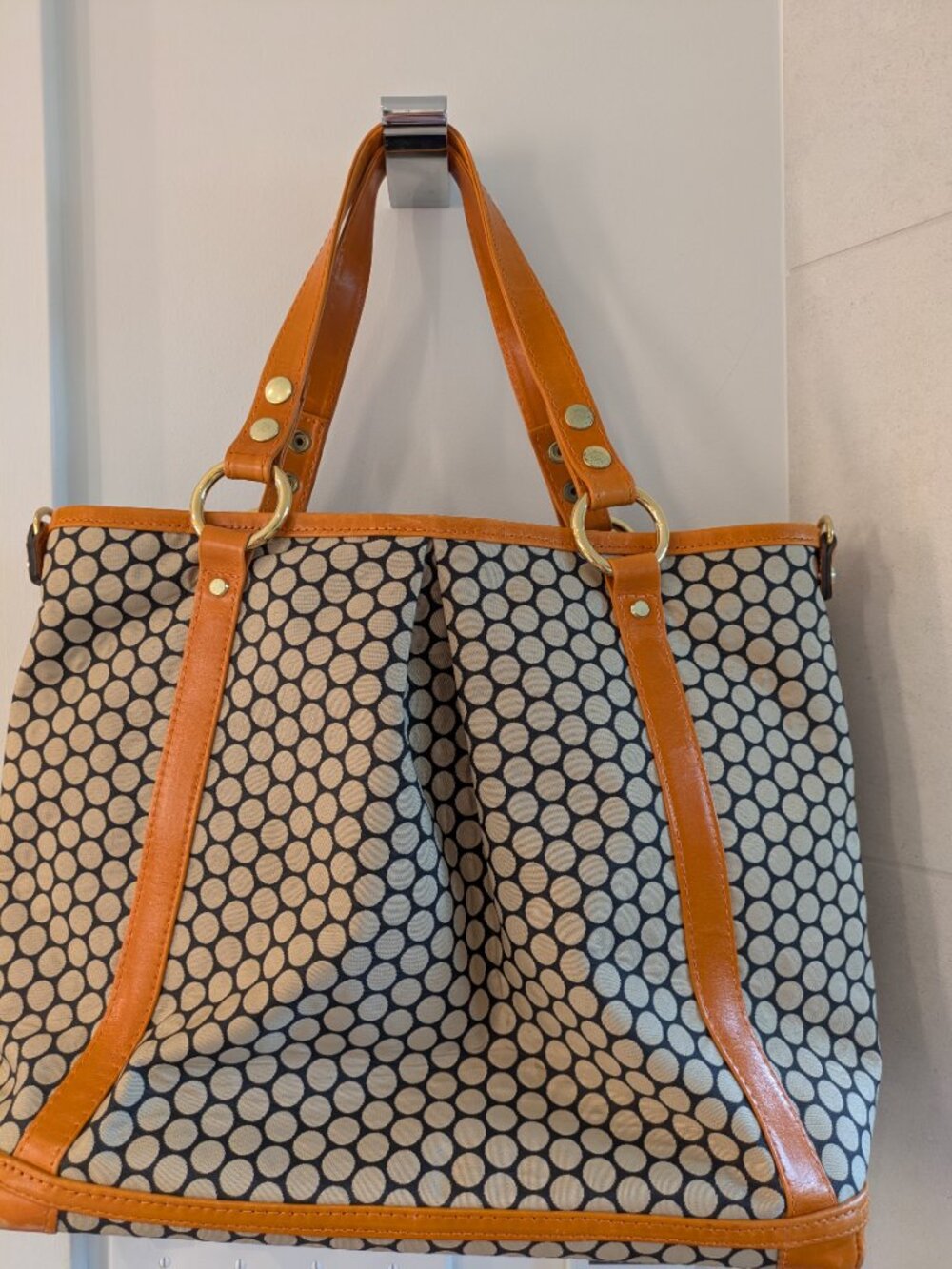 Mia Bossi "Lyndsey" Diaper Bag Black & Beigte with Orange Leather Trim